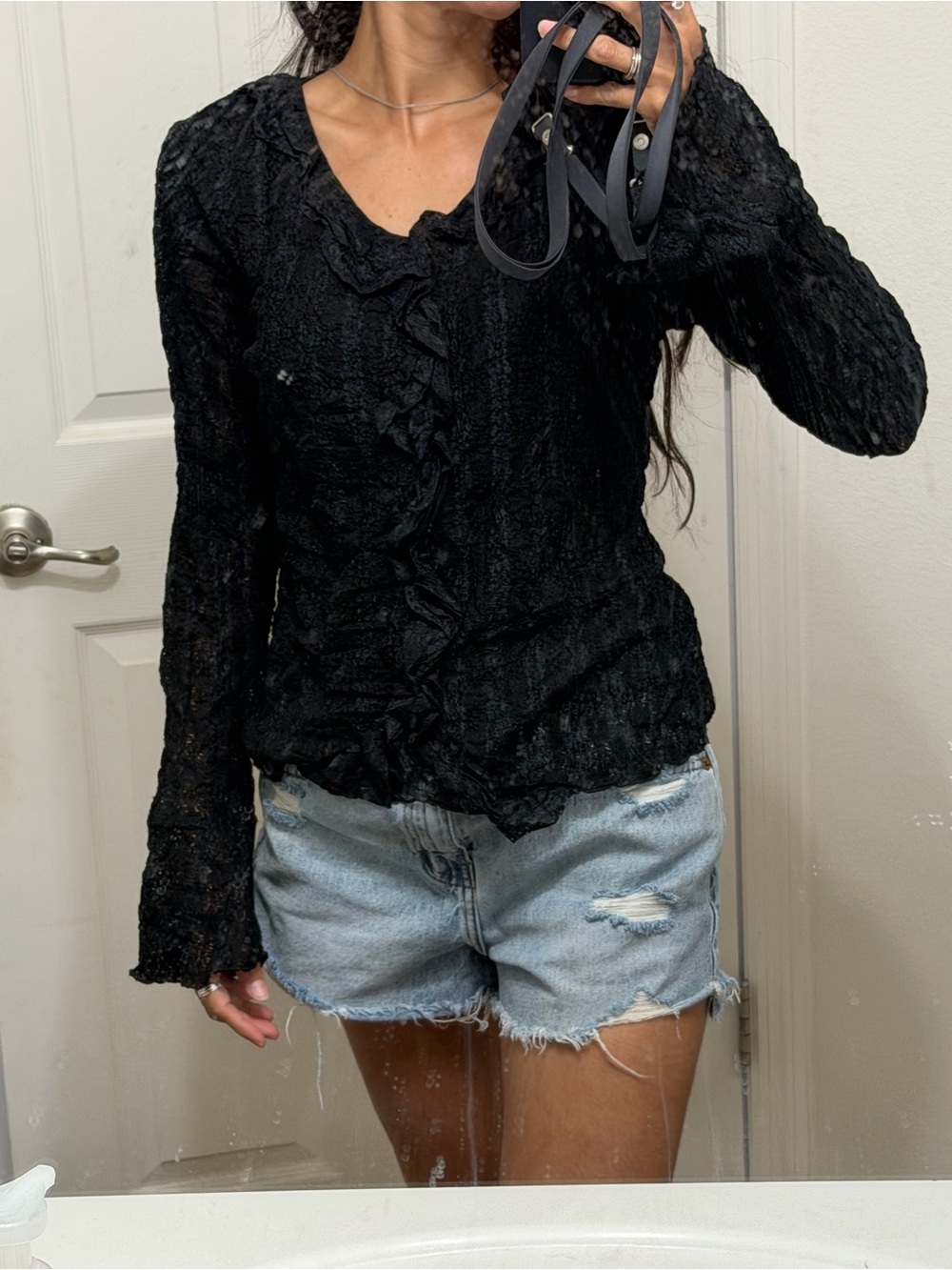 Women's Black Lace Ruffle Button-Front Top - Picture 4 of 7